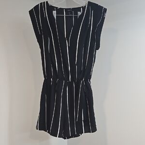 Forever 21 Black and White Striped Jumpsuit with V-Neck